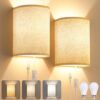 Plug in Wall Sconces Set of Two: Wall Lights with On/Off Switch - Stepless Dimmable Wall Mount Lamps - Fabric Linen Wall Sconce for Bedroom Living Room & Hallway- Indoor Corded Wall Sconces