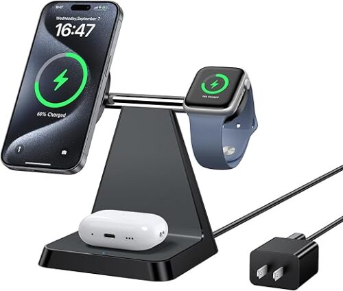 Charging Station for Multiple Devices Apple: Woruda 3 in 1 Magnetic Wireless Charger Stand for Mag Safe iPhone – Nightstand Charging Dock for iPhone 16 15 14 13 12 Pro Max Plus Apple Watch Airpods