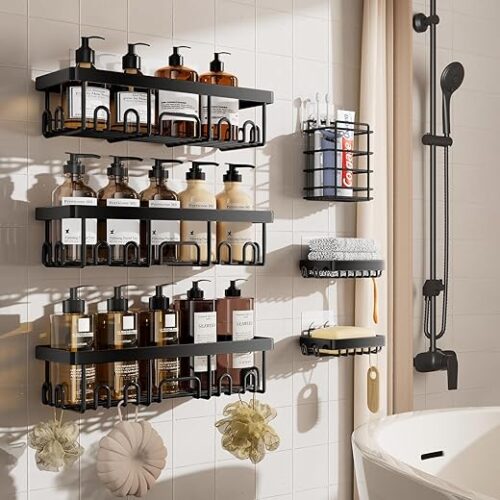 Veken Adhesive Shower Caddy 6-Pack, Large Capacity Bathroom Organizers and Storage, Rustproof Shelves Rack with Soap Holder, No Drilling Wall-Mounted Kitchen & Home Decor, Bath Decor&Essentials, Black